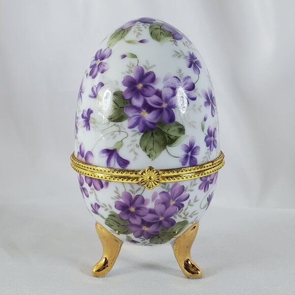 Vintage Egg Shaped Violet Floral Porcelain Trinket Box Hinged Footed Jewelry Box - Picture 1 of 12